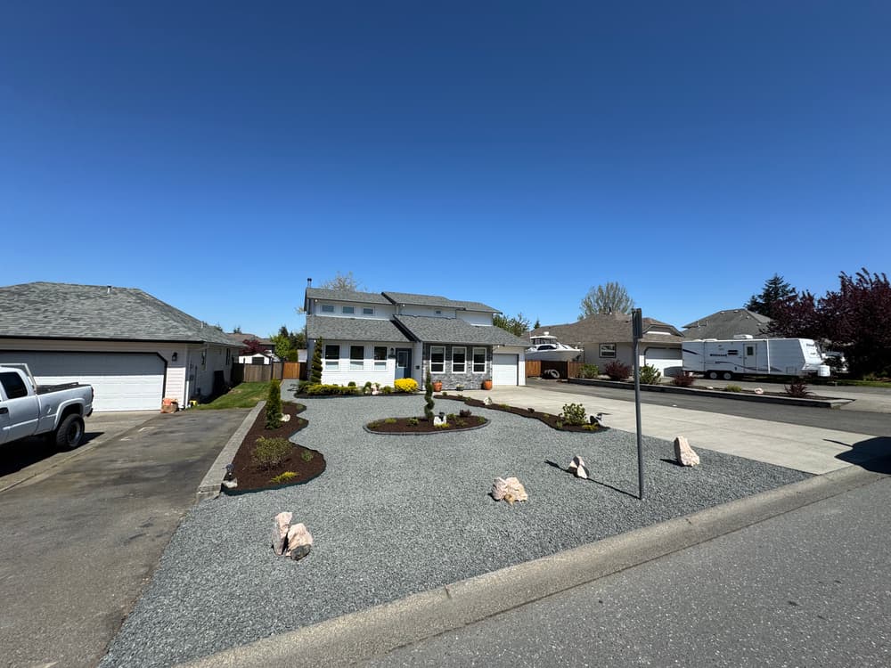 Modern suburban home with landscaped yard, clear blue sky, and parked vehicles in front.